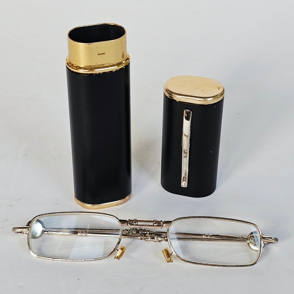 Vintage Folding Reading Glasses Silver Tone Telescopic Compact Pen Case EDC